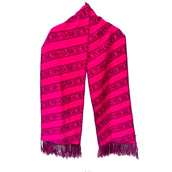 NWT Victoria’s Secret Woven Lightweight Logo Scarf With Fringe Fuchsia and Black - Picture 3 of 8